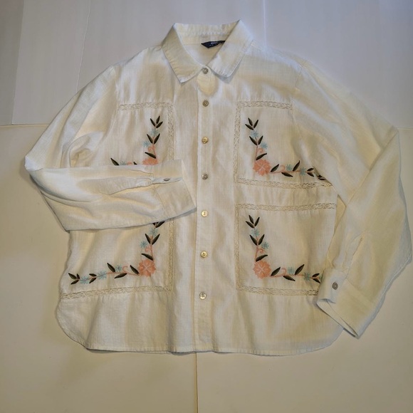 Cottagecore Ladder Lace Embroidery Blouse Womens 14 Button Up White Boho - Picture 2 of 11